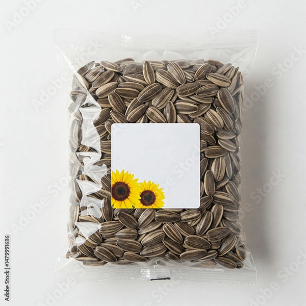 Obraz Sunflower seeds packed in clear plastic bag ready for sale at grocery store