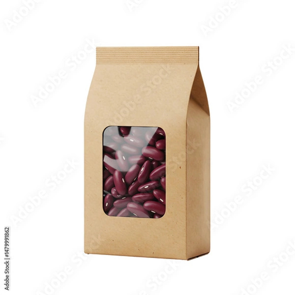Obraz Red kidney beans packed in a simple brown paper bag with a transparent window displaying the beans inside