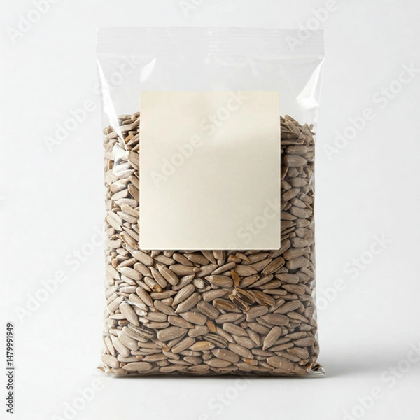 Obraz Sunflower seeds in transparent plastic bag ready for sale in a grocery store aisle