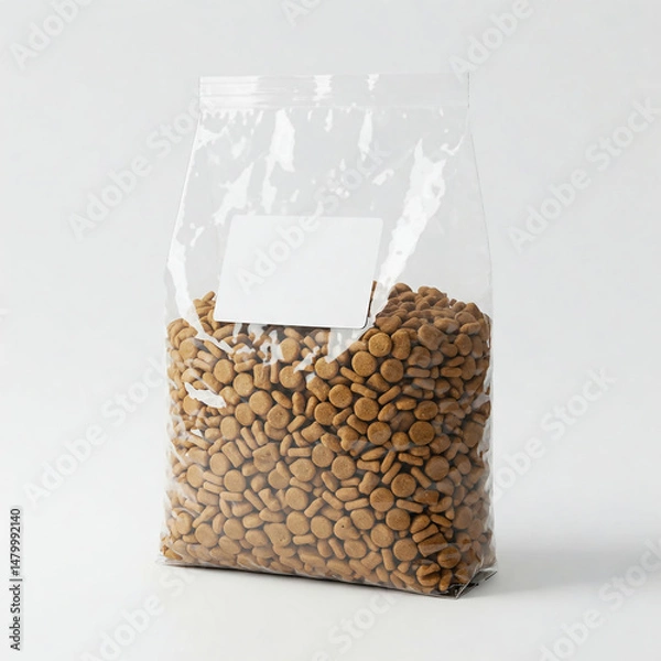 Obraz Packed dry pet food in transparent bag for sale, showcasing quality ingredients and freshness for domestic animals