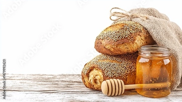 Fototapeta Artisanal Bread Still Life with Honeycomb on Rustic Wooden Background