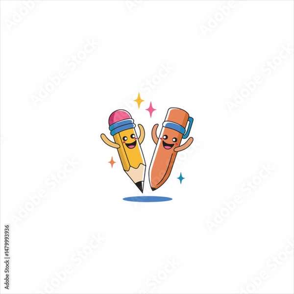 Obraz Cheerful cartoon illustration of pencil and pen with school cap, jumping happily, suitable for children's educational content, school branding, tutoring, back to school campaign, apps.