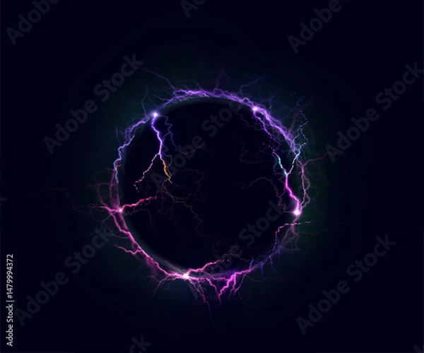 Obraz Glowing electric sphere with blue and violet lightning arcs on dark background. Vector illustration of energy charge for sci-fi design, game interface, or futuristic concept art.

