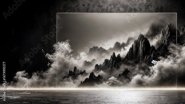 Fototapeta Smog covers the mountain range, black background with smoke.
