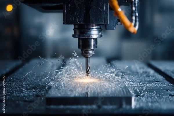 Fototapeta Metalworking CNC milling machine cutting metal with coolant closeup industrial precision equipment