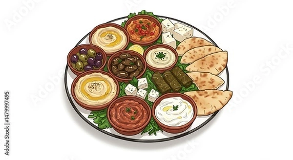 Fototapeta Top view illustration of a colorful Mediterranean mezze platter with hummus, olives, pita, falafel, and vegetables, isolated on a white background