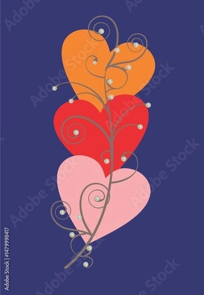 Fototapeta composition with three hearts and pearls