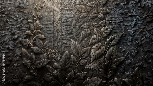 Obraz Black wall with leaf pattern, black background.