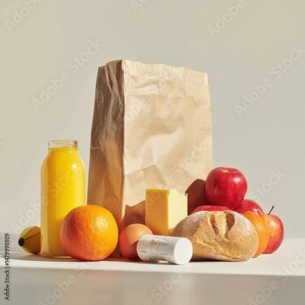 Fototapeta Groceries in paper bag still life shot with apples orange juice bread and cheese on a white surface in studio lighting