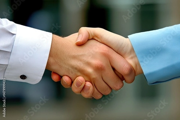 Obraz Close-up of two hands shaking.  Business professionals exchanging a handshake.  Formal business attire.  Positive, friendly, professional interaction