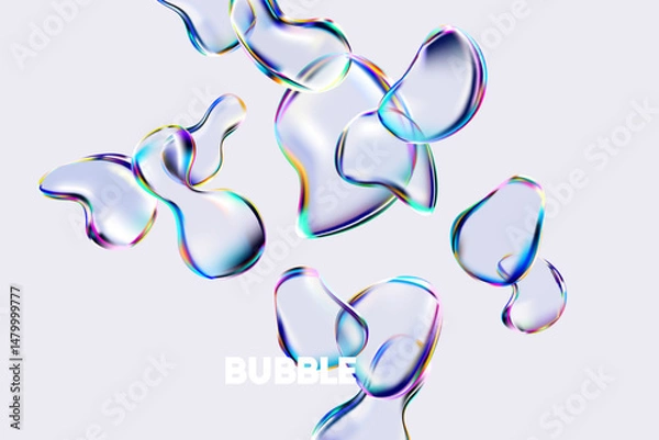 Obraz Colorful water  bubbles on white background. 3D Transparent fluid drops.