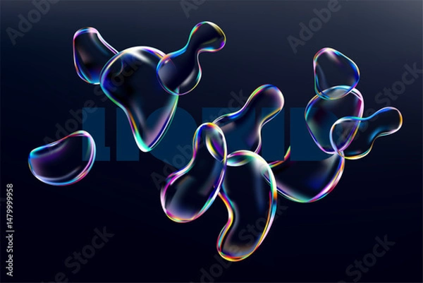 Obraz Glass iridescent liquid bubbles on dark background. 3D Transparent fluid  drops.