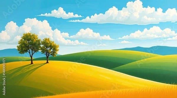 Fototapeta Tuscany landscape with trees and clouds.