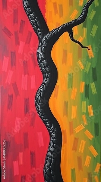 Obraz Black snake on a background of a colorful wall with a pattern.