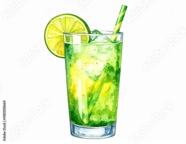 Fototapeta Refreshing drink tall glass filled with ice and a green liquid, garnished with lime and a straw