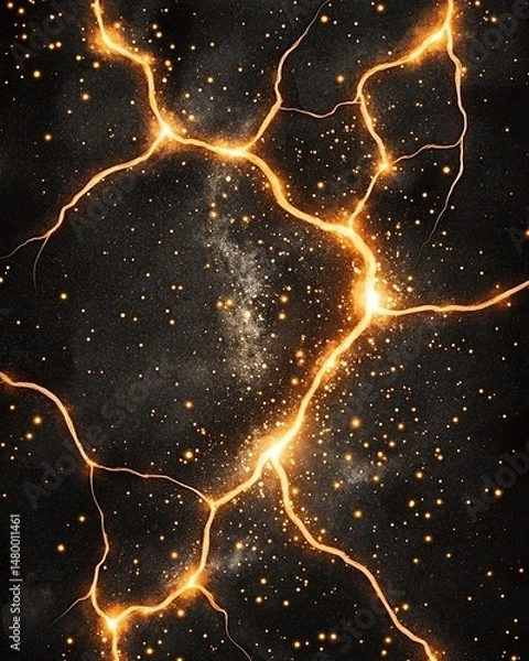 Fototapeta Space galaxy hidden. Abstract glowing cracks with golden light and sparkling particles on a dark background, resembling energy or cosmic phenomena.