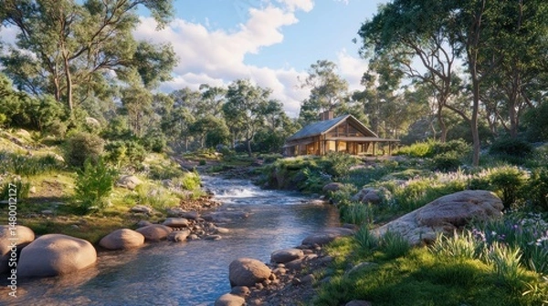 Obraz Cozy cabin by a flowing river amidst a lush forest on a bright day. Great for nature ads