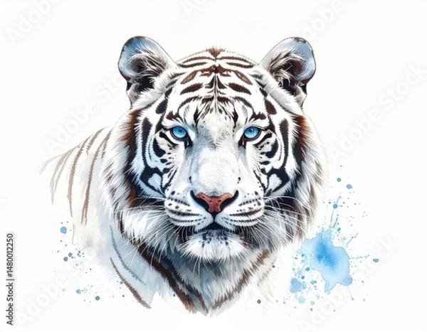 Fototapeta A stunning, watercolor-style portrait of a white tiger with piercing blue eyes and water splashes
