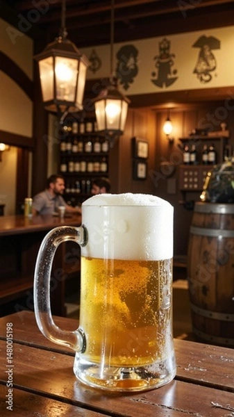 Obraz A glass of beer is sitting on a wooden table