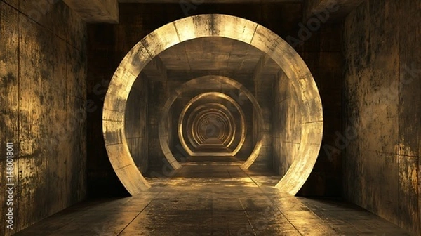 Fototapeta Endless concrete tunnel perspective with circular portals and golden light