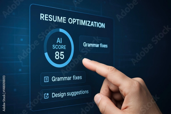 Obraz A digital interface displaying resume optimization utilizes AI scores grammar corrections and design suggestions to enhance business strategy and decision efficiency
