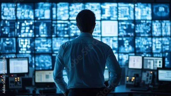 Fototapeta Surveillance Operator Monitoring Multiple Screens