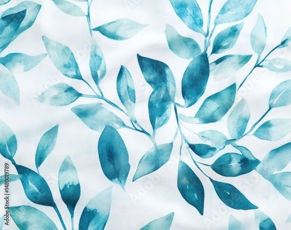 Obraz Soft, light blue leaves on a white fabric. Delicate watercolor-like design with varying shades of teal.  Fabric texture is visible