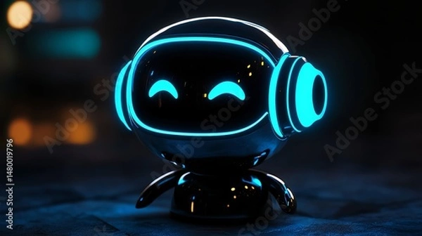 Obraz Cute happy robot character design with neon blue lights digital art illustration 3d fun cool image
