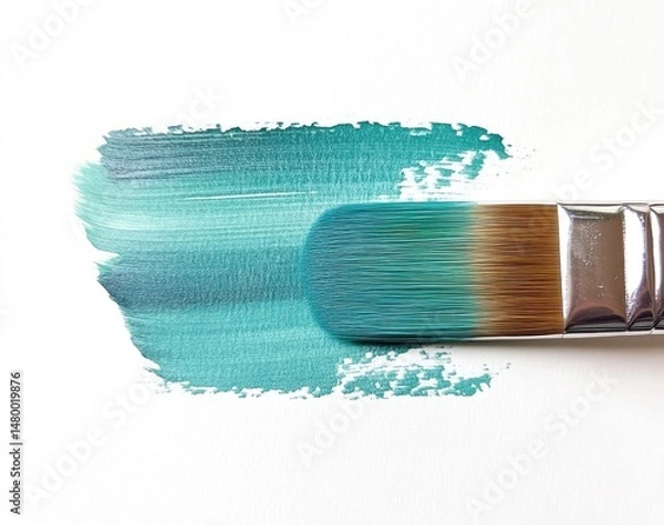 Obraz Teal paint stroke with a paintbrush.  The brush is positioned with the bristles in contact with a teal paint stroke on a white background