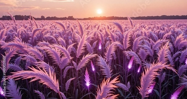 Obraz A field of purple flowers with a sun in the background