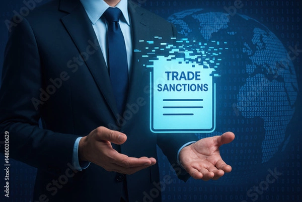 Obraz A businessman demonstrates strategic decision making by presenting digital trade sanctions symbolizing leadership and innovation in global business compliance