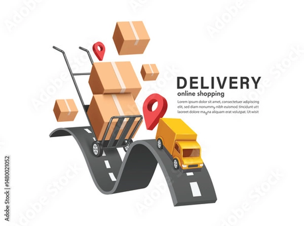Fototapeta Parcel boxes or cardboard boxes are placed on cart or trolley used in warehouse and are running on the road following yellow truck to deliver to customers according to their orders, vector 3d