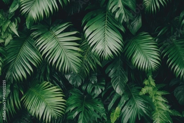 Fototapeta Lush tropical foliage. Lush green leaves, various shapes and sizes, create a dense, vibrant backdrop