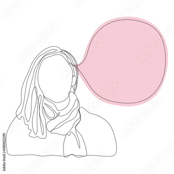 Fototapeta Sketch minimal concept woman say think chat box drawing line art. Female think idea comment hand drawn continuous line concept white ioslated background.Abstract,vector,illustration.