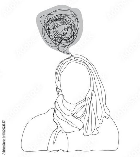 Fototapeta Sketch problem concept minimal woman emotion stress headache drawing line art.Female unhappy depress hand drawn continuous line concept with white ioslated background.Abstract,vector,illustration.