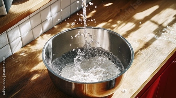 Fototapeta Water pouring into a bowl of rice