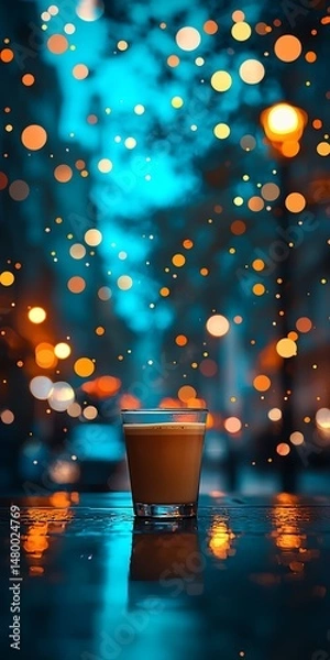 Fototapeta Warm Coffee Drink in Focus with Colorful Bokeh Background