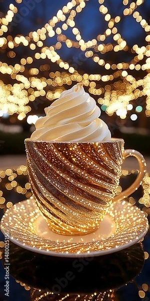 Fototapeta Elegant dessert in glittering cup with fairy lights background