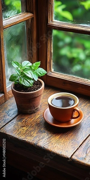 Fototapeta Cozy Window Scene with Coffee Cup and Potted Plant in Natural Light