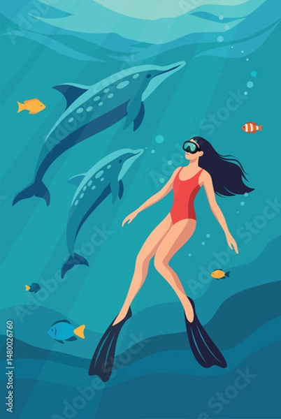 Obraz Vector illustration of a girl diver in a mask, flippers, swimming underwater with two dolphins and fish. Depth, beautiful underwater world, harmony with nature. For tourism projects