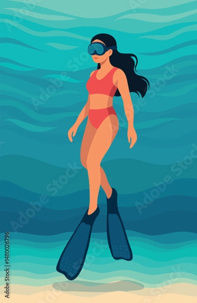 Obraz Vector illustration of a girl on vacation diving in a pink swimsuit, mask, fins, swimming underwater, walking along the seabed. Depth, underwater world, harmony. For tourism projects