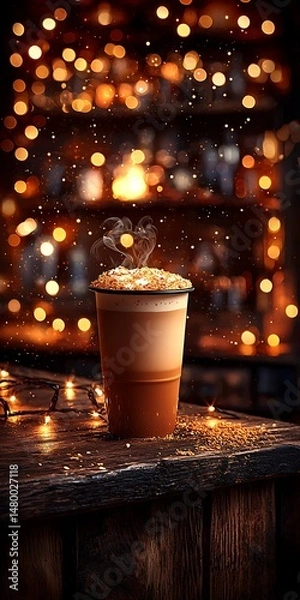 Fototapeta Warm Coffee Drink with Steam and Cozy Bokeh Background
