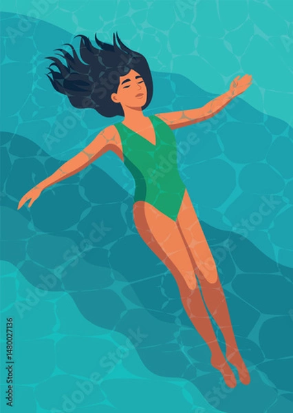 Obraz Vector illustration vacation and summer. Woman in green swimsuit calmly floats on her back in transparent turquoise water of sea or pool. Summer mood. For projects in tourism and travel