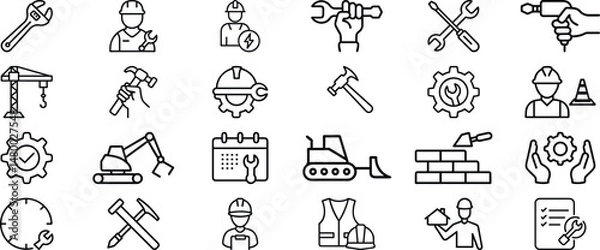 Obraz Handyman renovation thin line icons set vector illustration. maintenance work of builders, handyman and engineer equipment. Building improvement and construction.