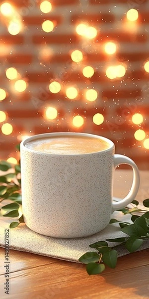 Fototapeta Cozy Morning Coffee with Sparkling Lights and Green Leaves Background