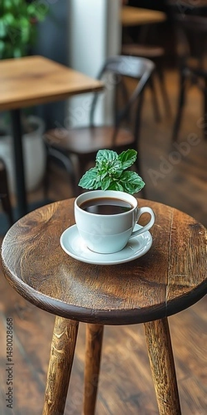 Fototapeta Minimalist coffee cup with plant on wooden table in cafe setting