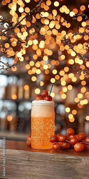 Fototapeta Refreshing Orange Beverage with Cherry Garnish and Festive Bokeh