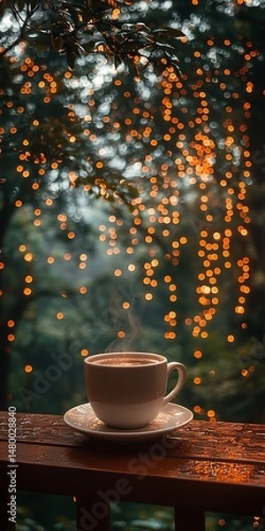 Fototapeta Warm Coffee Cup on Wooden Table with Blurry Bokeh Lights