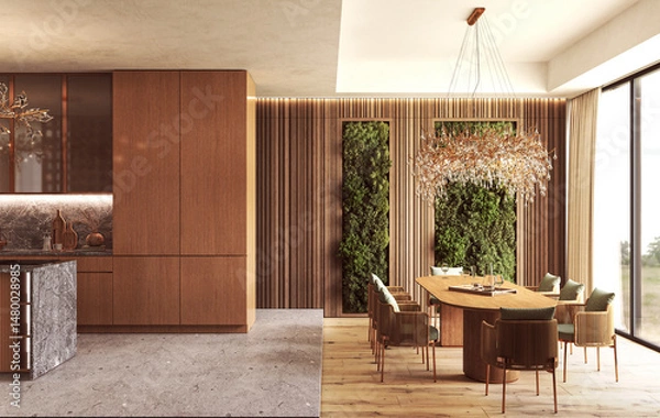 Fototapeta Elegant dining space with greenery wall and crystal chandelier