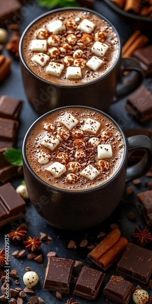 Fototapeta Rich Hot Chocolate with Marshmallows and Chocolate Bars on Table